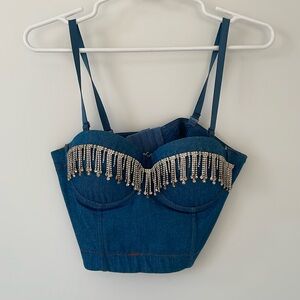 Fringe Denim Bustier Crop Top